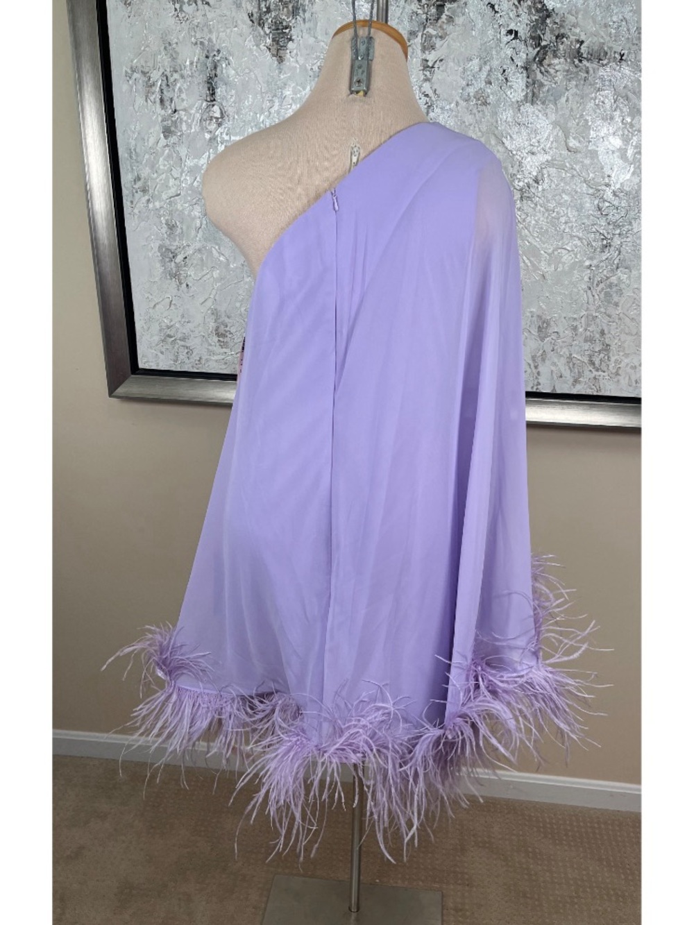 MAC DUGGAL One Shoulder Cape Feather Hem Purple 11623 Mini Dress Size 8 - Picture 5 of 6